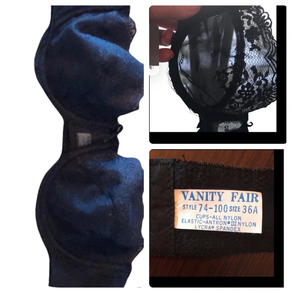 Vintage bra black lace Vanity Fair 36A strapless